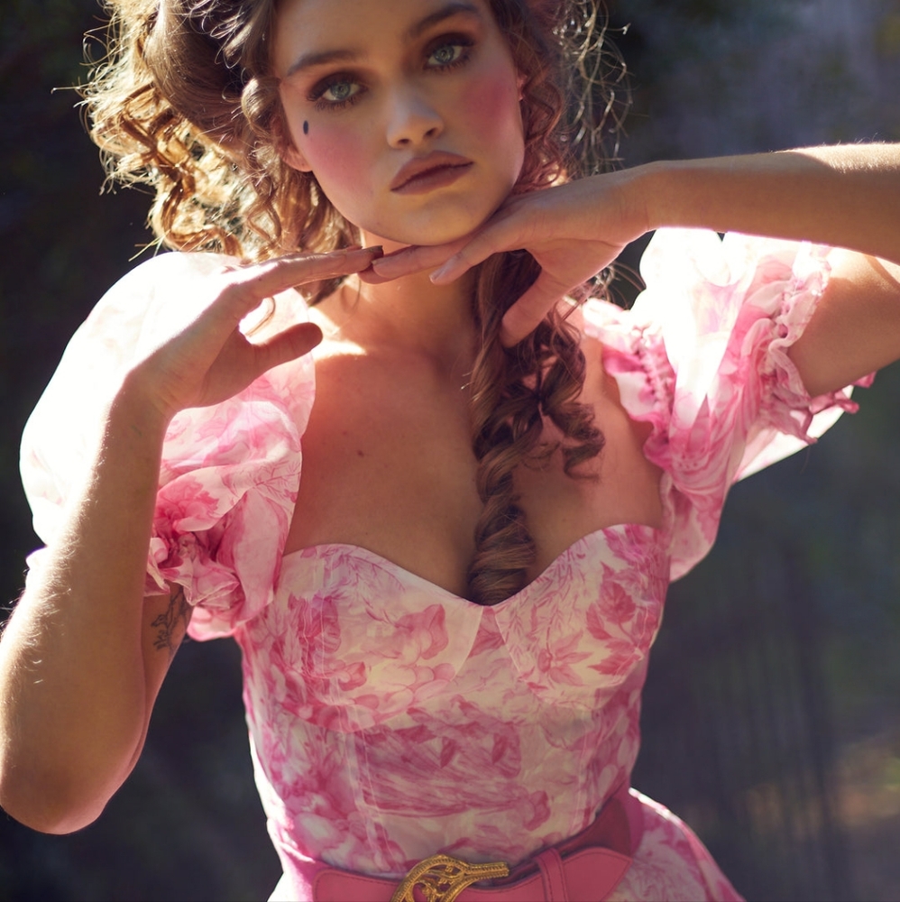 Selkie Pink Floral Puff-Sleeve Sweetheart Mini Dress